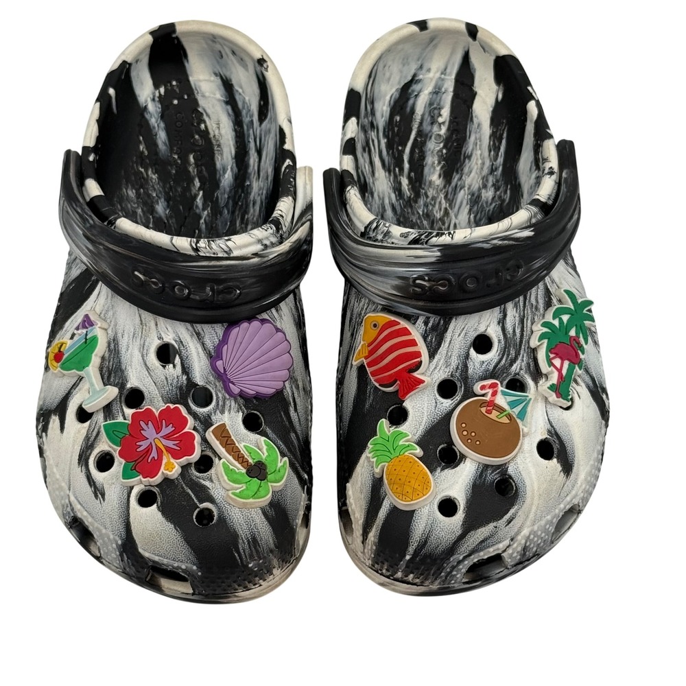 Crocs Comfort Slide Clogs Toddler 11 Black & White Marbled Tropical Charms